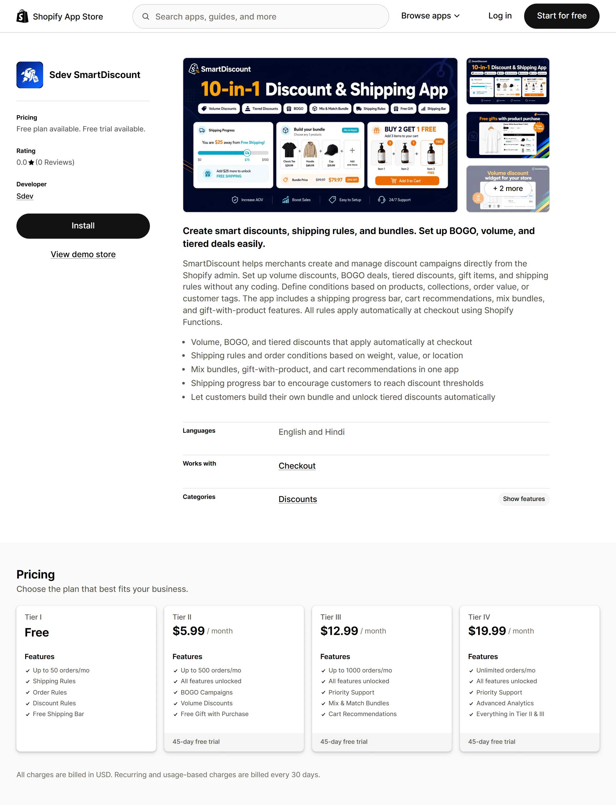 The Sdev SmartDiscount listing on the Shopify App Store